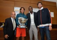 (L-R) Rafael Nadal, Usain Bolt and Pau Gasol after the 2013 Roland Garros victory
